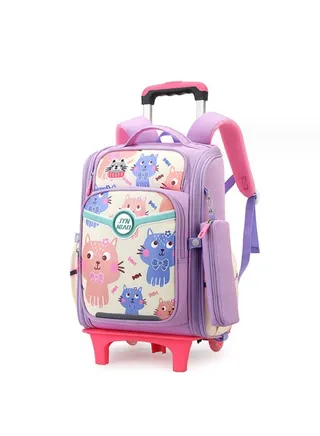 Rolling Backpack for Kids Solid Color Trolley Bookbags Elementary School Students Schoolbag 