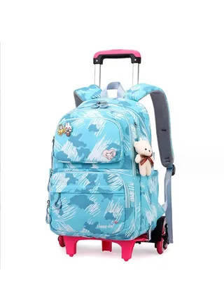 Rolling Backpack for Kids Solid Color Trolley Bookbags Elementary School Students Schoolbag 