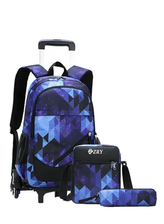 3 Pcs Kids Rolling Backpack with Wheels Trolley School Bag Set for Boys and Girls, Blue 