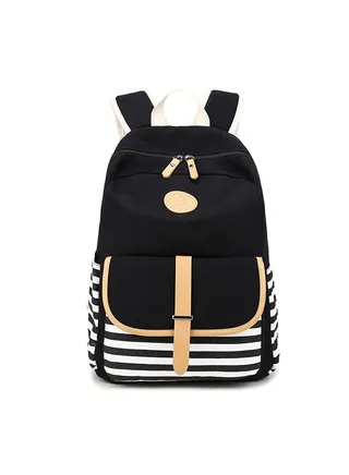 Korean Style Canvas Travel Backpack Black/White 