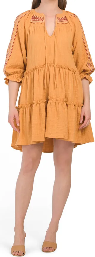 Three-quarter Sleeve Embroidered Mini Dress