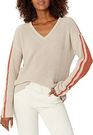Tribal Women's Long Sleeve V Neck Sweater with Contrast Back