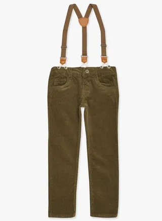 Boys Suspenders Detailed Corduroy Pants Olive 