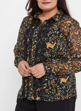 Multi Sheer Lace Detail Shirt Black 