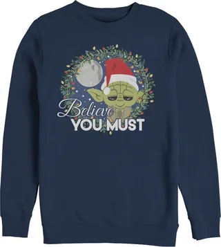 Men's Star Wars Christmas Cute Yoda Wreath Sweatshirt - Navy Blue - Large