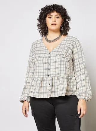 Curve Chequered Print Top Beige 
