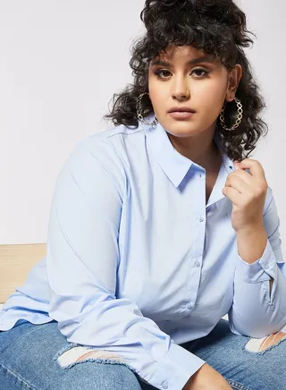 Curvy Basic Long Sleeve Shirt Blue 