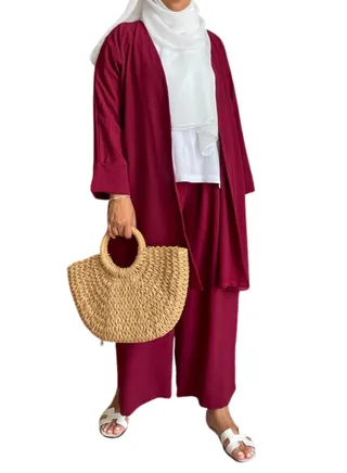Modern Islamic Plain Top, Pants & Open Abaya Set (Maroon) 