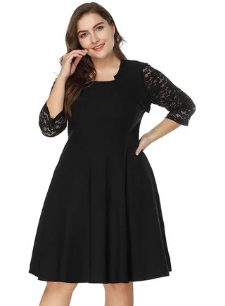 Round Neck Lace Mini Dress Black 