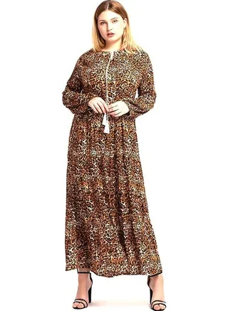 Leopard Printed Round Neck Maxi Dress Brown/Yellow/Black 