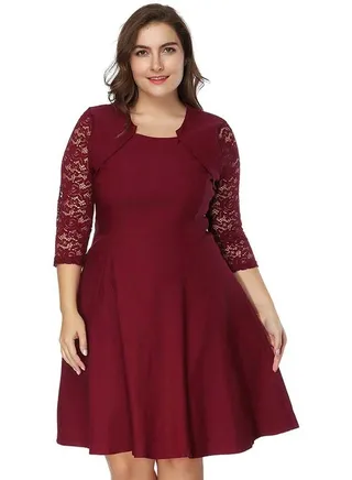 Round Neck Lace Mini Dress Burgundy 