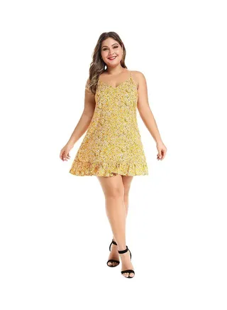 Floral Printed Ruffle Designed Mini Dress Yellow/White 
