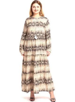 Printed Round Neck Maxi Dress Beige/Grey 