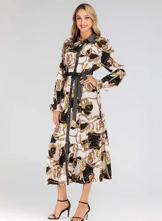 Printed Coller Neck Belted Waist Midi Dress Black/Beige/Yellow 