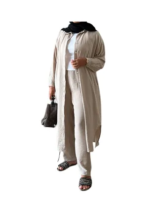 3-Piece Open Long Linen Cardigan Set 