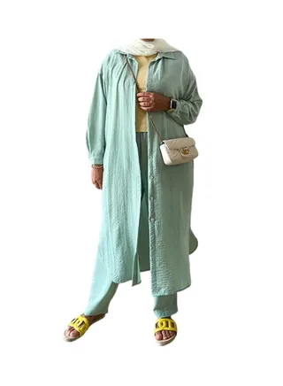 3-Piece Open Long Linen Cardigan Set (Pastel Green) 