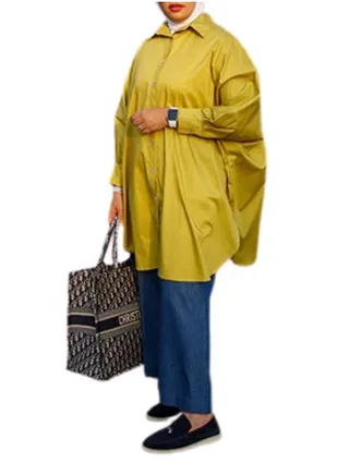Women’s Plain Oversized High Low Shirt with Button Closure and Long Sleeves 