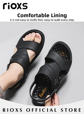 Men's Casual Open Toe Faux Leather Sandals Summer Non-Slip Beach Sandal Sneakers Walking Outdoor Flat Sandals 