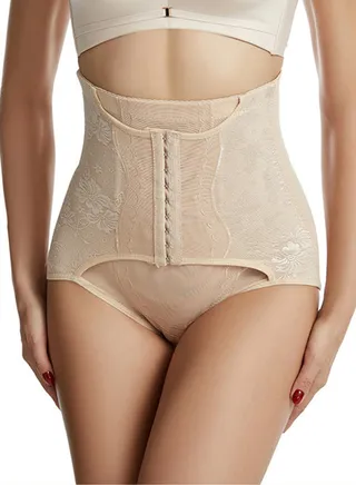 Womens Body Shaper Tummy Control Underwear Briefs Solid Color Jacquard Lace Slim High Waist Shapewear Hip Lift Underpants Beige 