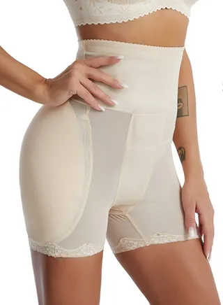 Womens Body Shaper Tummy Control Boxer Briefs Solid Color High Raise Sponse Pad Hip Lift Shapewear Underwear Hip Panties Beige 