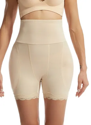 Womens Body Shaper Tummy Control Underwear Boxer Briefs Solid Color Slim High Waist Sponge Pad Hip Lift Shapewear Safety Underpants Beige 