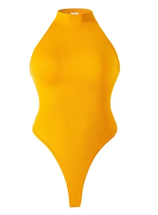 Women's Solid Color Bodysuit Shapewear Thong Tummy Control Slimming Jumpsuit Lifting Bodysuit Yellow 