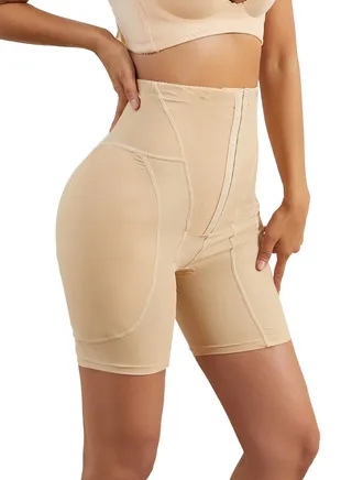 Womens Body Shaper Tummy Control Buckled Underwear Boxer Briefs Solid Color Slim High Waist Sponge Pad Hip Lift Shapewear Underpants Beige 