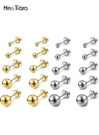 Hypoallergenic Ball Earrings Studs Set Cartilage Earrings Stainless Steel Round Ball Studs Earrings for Women Men 