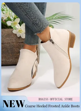 Women's Fashionable Suede Ankle Boots Classic Pointed Boots With Zipper At Both Sides And Thick Heel Boots With Cork Soles In Autumn And Winter 