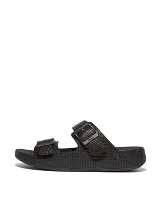 049-777 Fitflop Men Gogh Moc Mens Buckle Weave-Embossed Leather Slides HA8-001 Black 