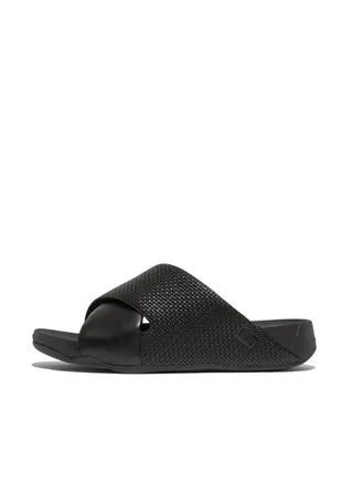 049-803 Fitflop Men Freeway Mens Weave-Embossed Leather Cross Slides HC3-001 Black 