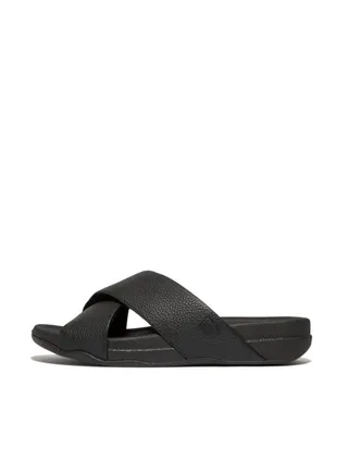 049-800 Fitflop Men Surfer Mens Tumbled-Leather Cross Slides HA6-001 Black 