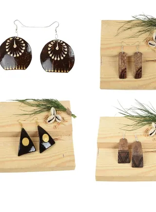 N&H Eco-friendly Handmade Jewellery 4 Pairs Coconut Wooden Earrings Lightweight Hoopwire Earrings Bohemian Pendant Dangle Earrings Set 