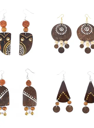 N&H Eco-friendly Handmade Jewellery 4 Pairs Coconut Wooden Earrings Lightweight Hoopwire Earrings Bohemian Pendant Dangle Earrings Set 