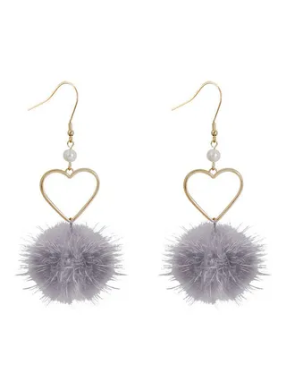 Faux Pearl Studded Fluffy Pompom Heart Design Earrings 