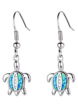 Faux Opal Rhinestone Inlaid Turtle Dangle Hook Earrings 