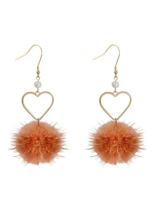Faux Pearl Studded Fluffy Pompom Heart Design Earrings 