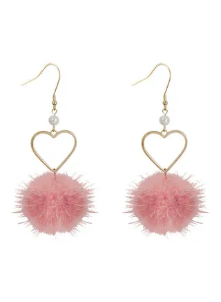 Faux Pearl Studded Fluffy Pompom Heart Design Earrings 