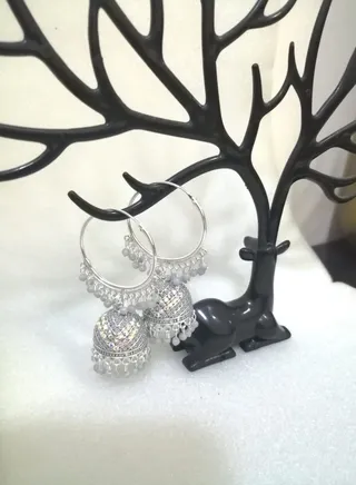Silver Oxidized Traditional Jhumka Round Hoop Earring for Women & Girls - Grey 