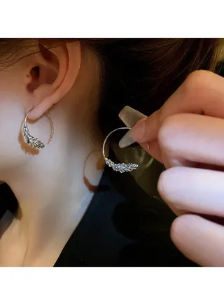 Silver Tone Wheat Earrings with Irregular Hoops 