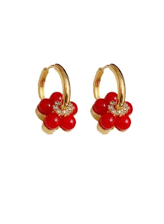 Red Pearl Flower Earrings with Two Clasps 
