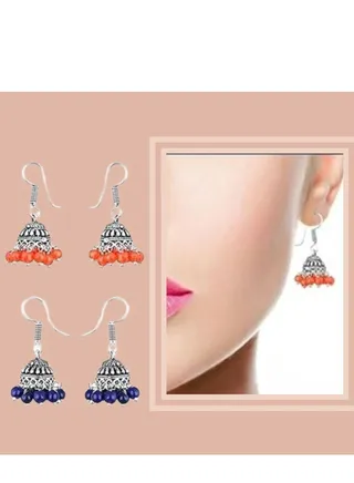 Set of 2 - Stylish Silver Oxidized Traditional Jhumka Earrings for Women and Girls 