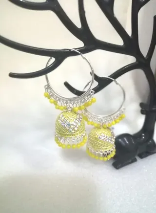 Silver Oxidized Traditional Jhumka Round Hoop Earring for Women and Girls (Yellow) 