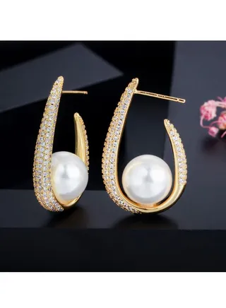 Unique Trendy Micro Pave Cubic Zirconia U Shape Yellow Gold Color Big Pearl Hoop Earrings for Women Jewelry 