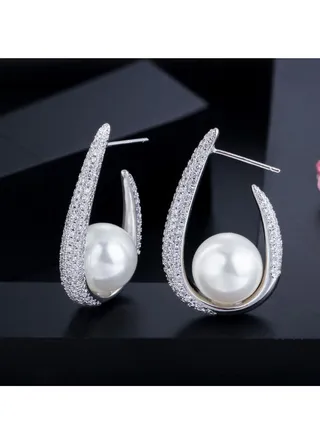 Unique Trendy Micro Pave Cubic Zirconia U Shape Silver Color Big Pearl Hoop Earrings for Women Jewelry 