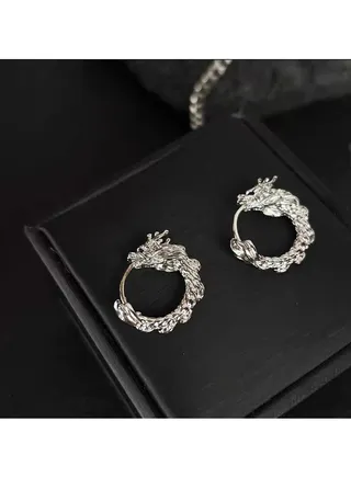 Silver Dragon Earring Clip Happiness Chinese Zodiac Hollow Earrings 