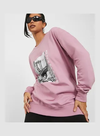 Longline Photo Print Regular Fit Sweatshirt
