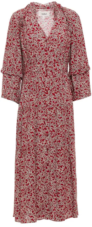Claire ruffle-trimmed printed crepe midi dress