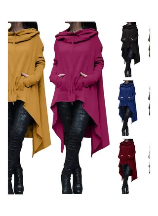 Women Batwing Hooded Asymmetric Casual Loose Coat Pullover Poncho Cape Blouse Black 