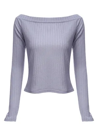 Off Shoulder Rib Knitted Long Sleeve Pullover Grey 